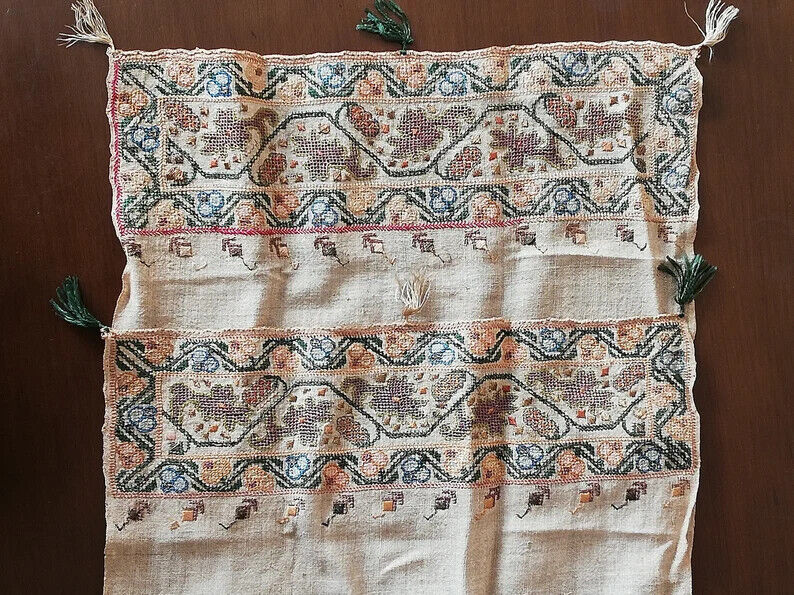 1950 Turkish antique textile yaglik hand woven linen  silk Ottoman floral decor
