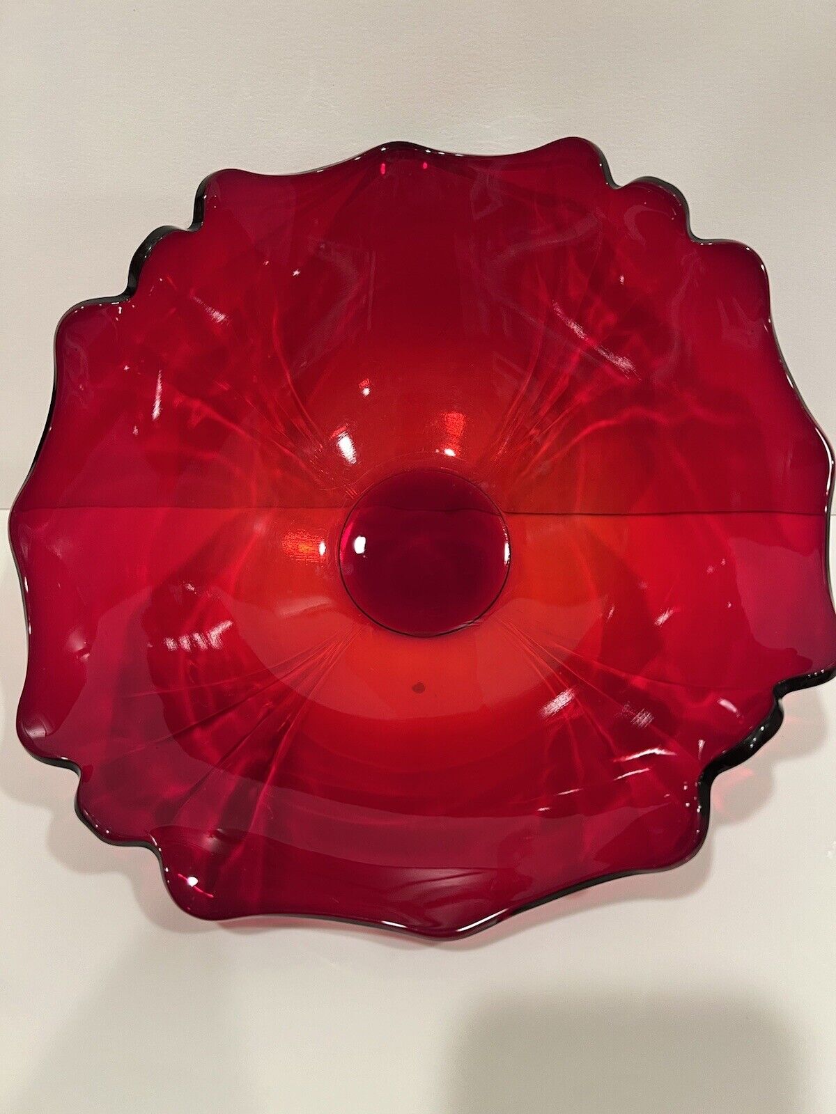 Vintage Ruby Red Glass Ruffled Collar Fruit Bowl
