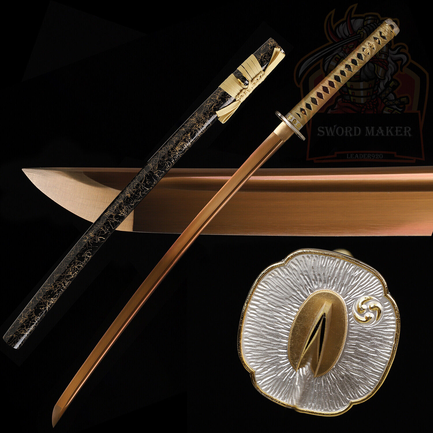 Katana 1095 High Carbon Steel Gold Blade Japanese Samurai Sword Full Tang Sharp