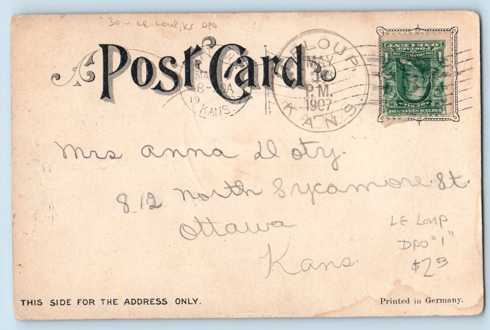 DPO Le Loup Kansas KS Postcard Multnomah Falls Waterfall 1907 Posted Antique