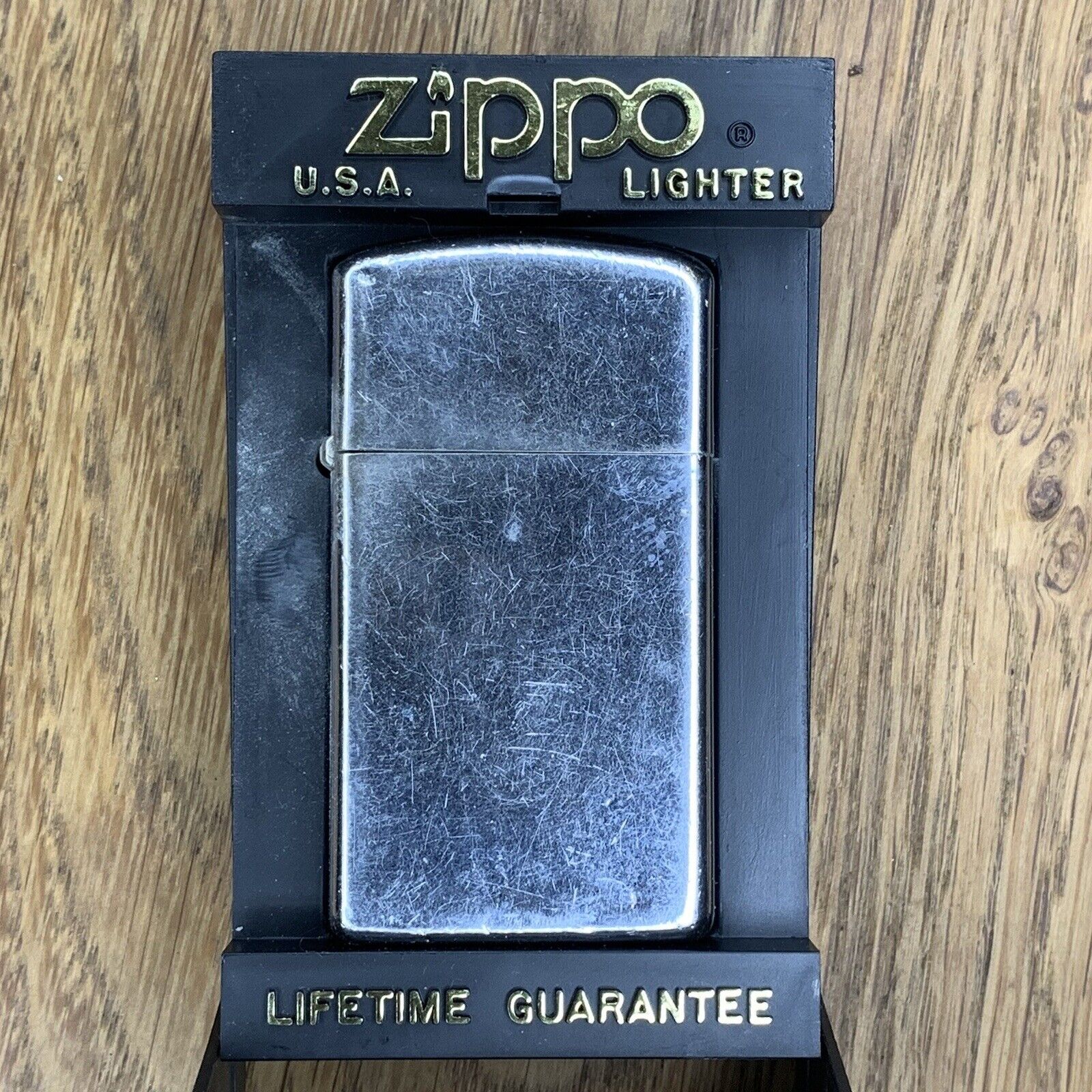 Vintage 1960s Slim Zippo Lighter Chrome Plain Needs New Flint Used See Pics