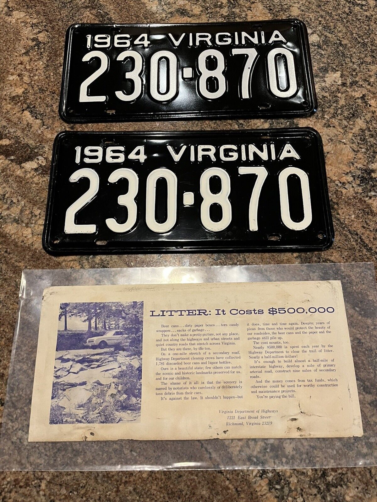 1964 Virginia License Plates Matched Pair #230-870 VA.  Mint NOS