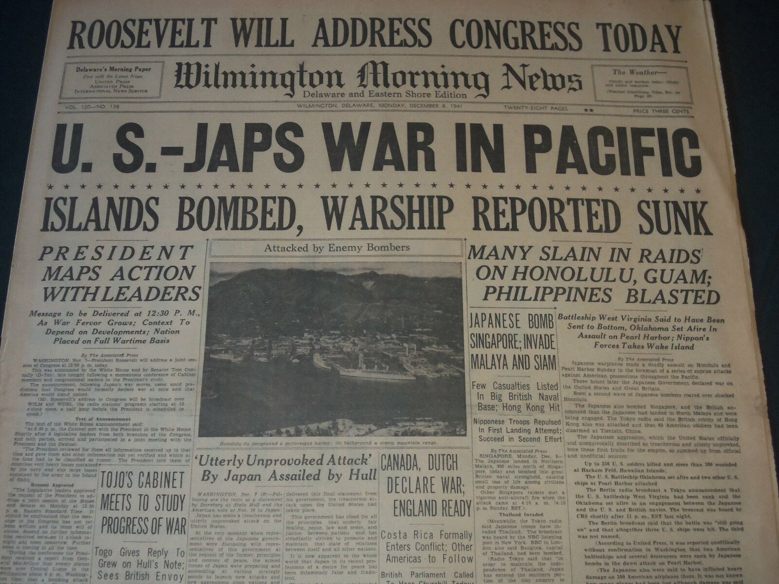 1941 DECEMBER 8 WILMINGTON NEWS NEWSPAPER - U. S. JAPS WAR IN PACIFIC - NT 7283