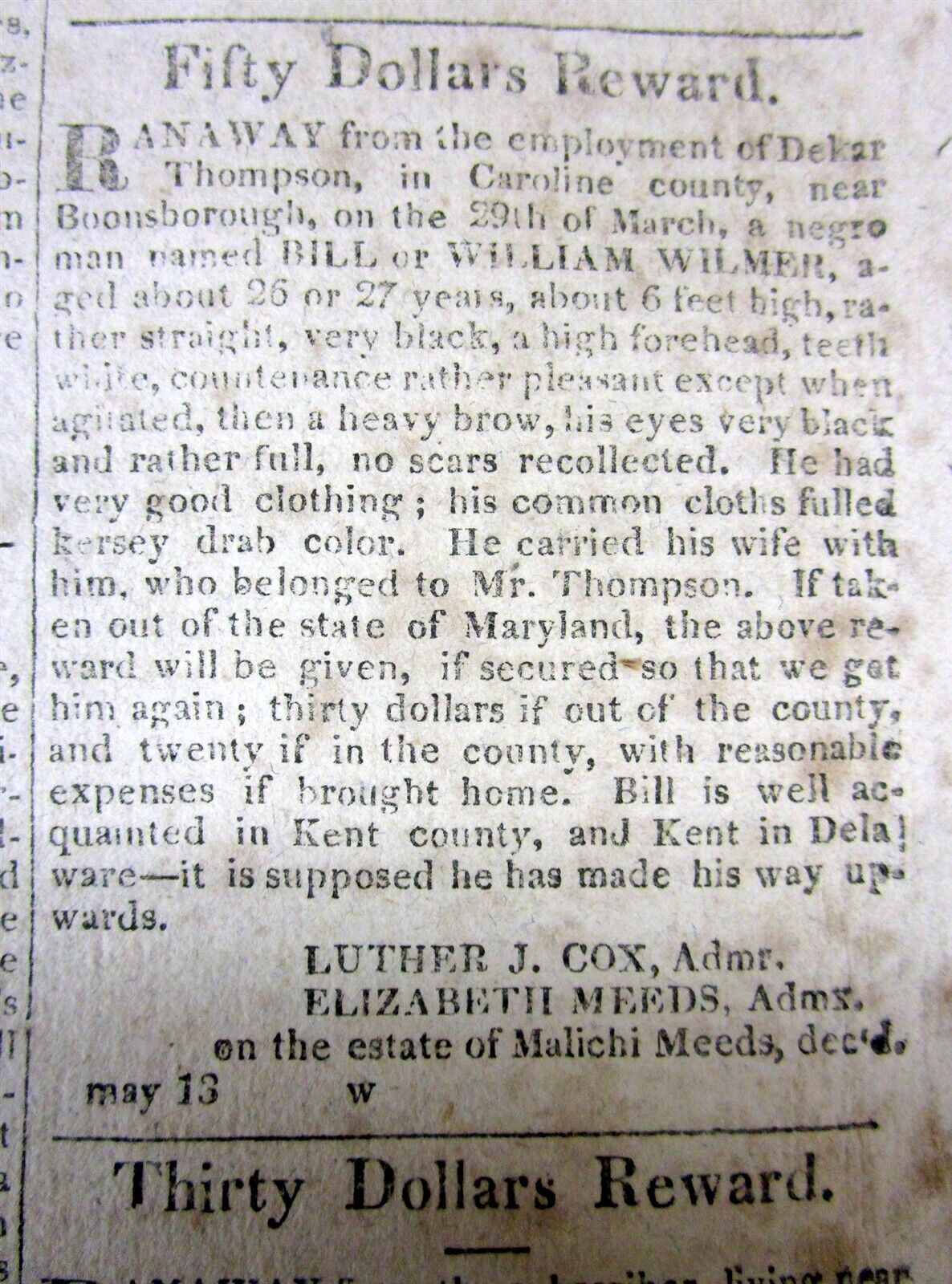 Rare original 1824 EASTON GENERAL ADVERTISER Maryland newspaper with 7 SLAVE ADS