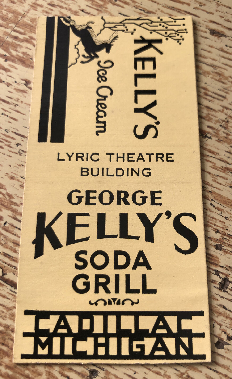 1930s-40s George Kelly’s Soda Grill Ice Cream Cadillac Michigan Matchbook Cover