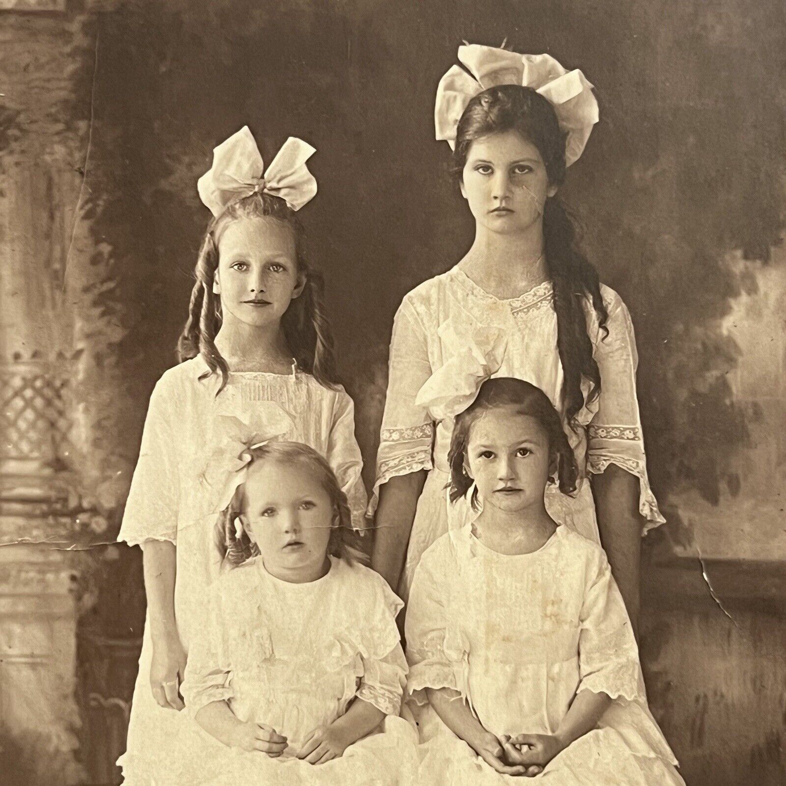 Antique Sepia Studio Photograph Adorable Sisters Little Girls Long Hair Bows