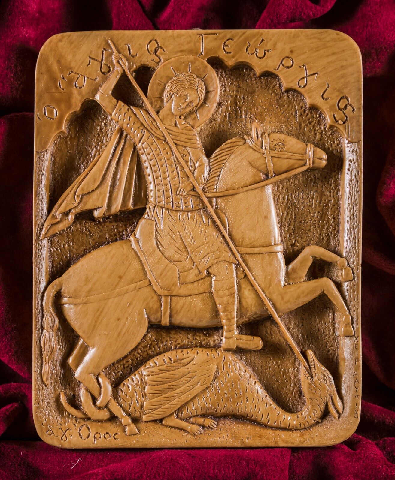 Saint St. George Georgios Killing the Dragon Christian Hand Carved Icon Gift