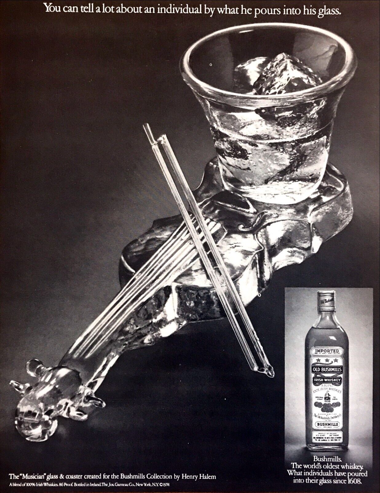 1976 Tennis Racquet Glass photo by Henry Halem Old Bushmills Whiskey print ad