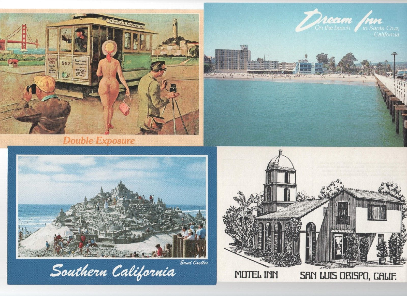 California Postcards Unused Dream Inn (Santa Cruz) Motel Inn (San Luis Obispo)