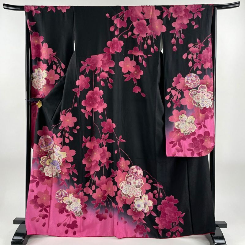 65.9inc Japanese Kimono SILK FURISODE Ball Weeping cherry blossoms Black