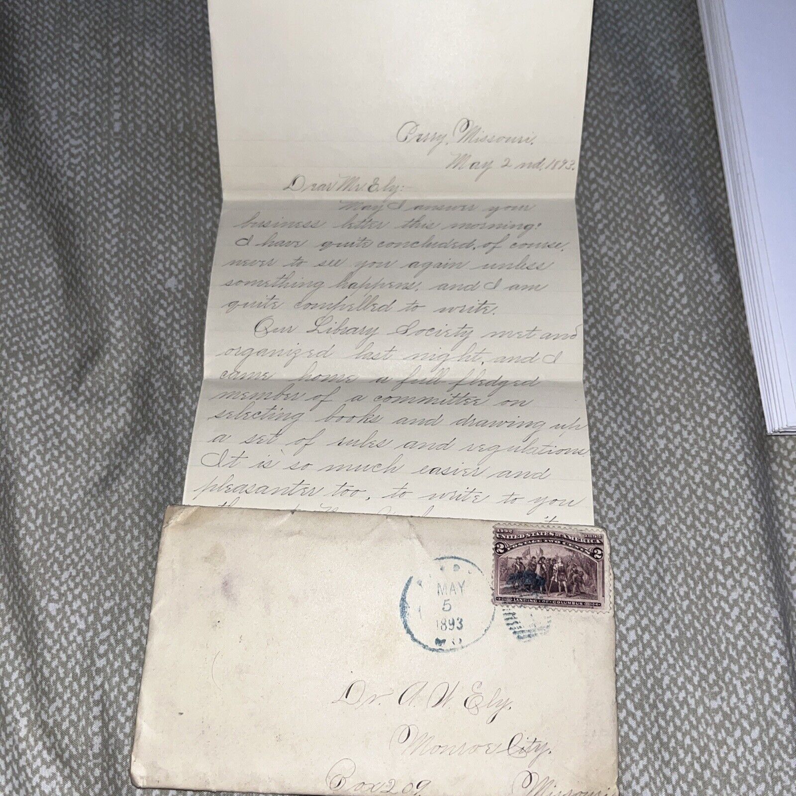 Antique 1893 Letter: Perry MO to Doctor in Monroe City: Joined Library Society