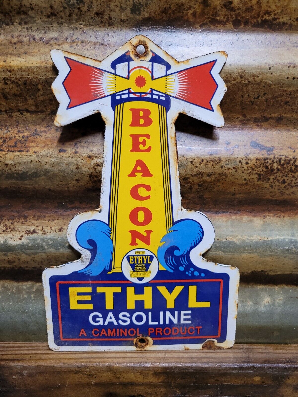 VINTAGE ETHYL PORCELAIN SIGN BEACON NEW YORK CAMINOL GAS OIL SERVICE COMPANY