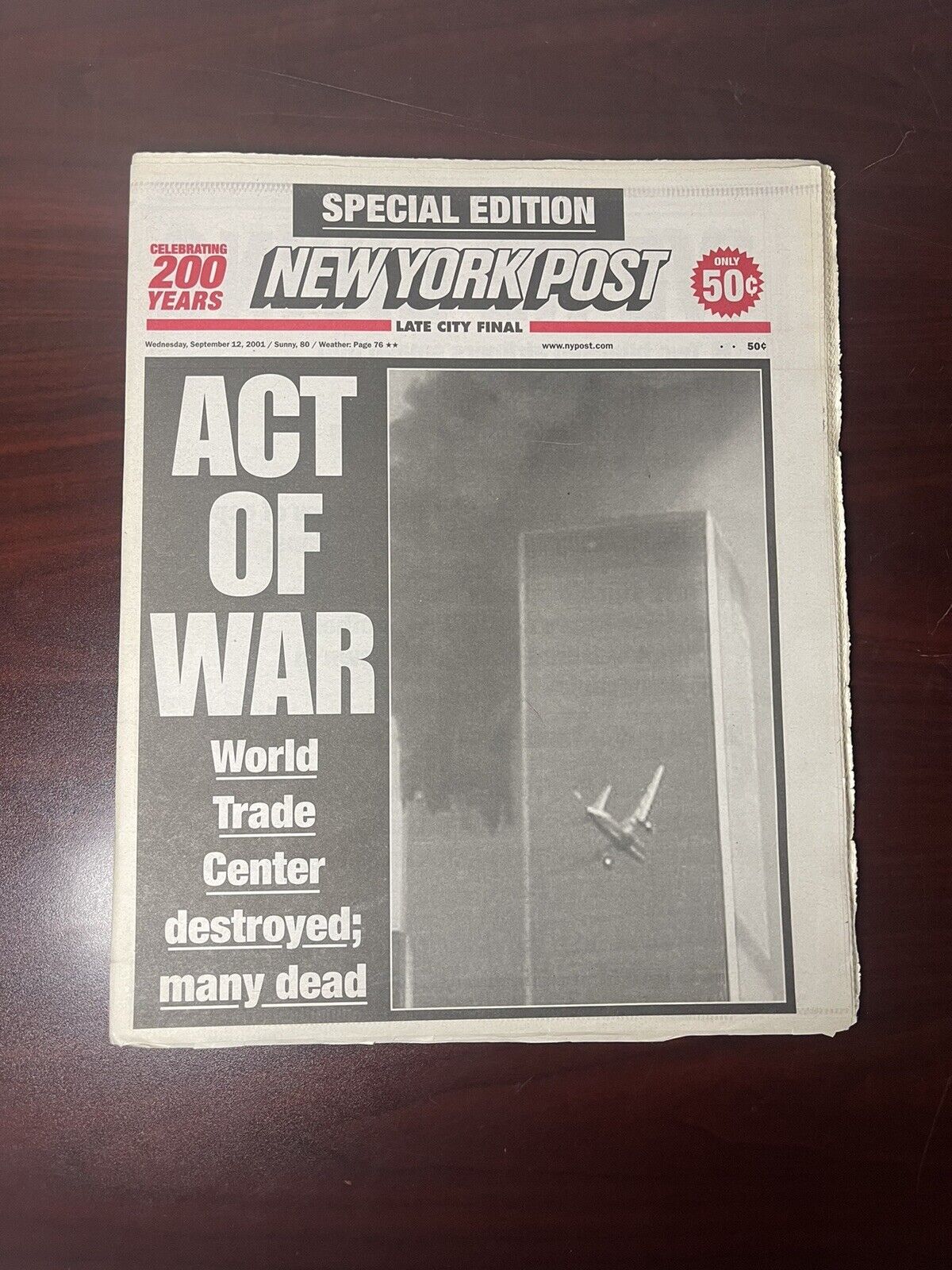 NEW YORK POST SEPT 12 2001 ACT OF WAR SPECIAL EDITION 9-11 WORLD TRADE CENTER 