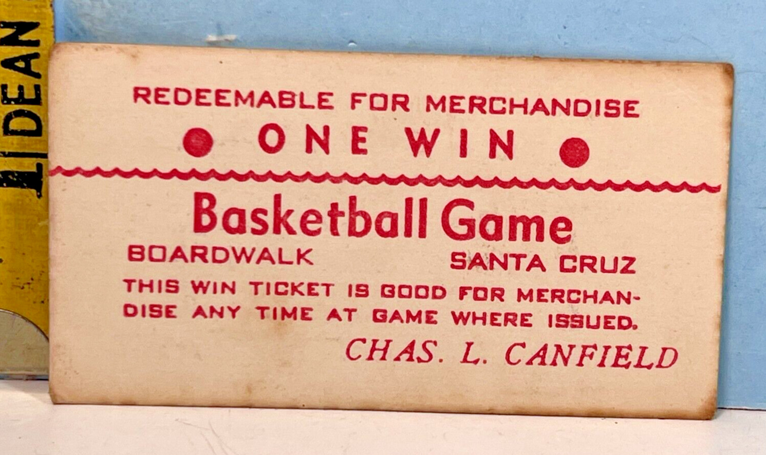 Vintage Basketball Game 1 Win Ticket Boardwalk Santa Cruz CL Canfield