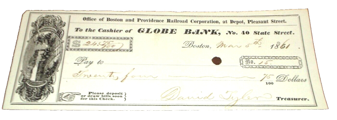 MARCH 1861 BOSTON & PROVIDENCE RAILROAD COMPANY CHECK NEW HAVEN PREDECESSOR