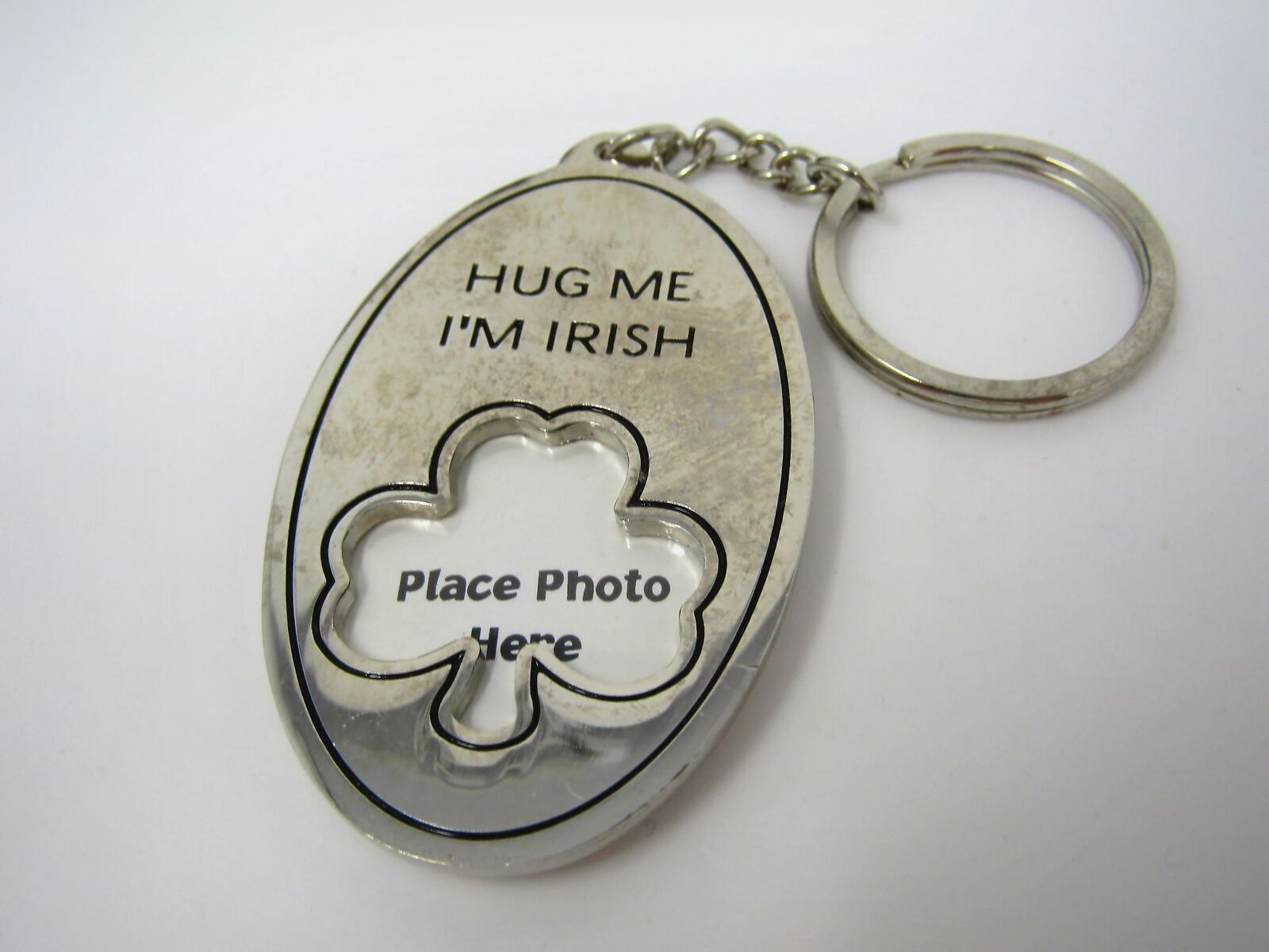 Vintage Keychain Charm: Hug Me I\'m Irish Picture Frame Clover Design