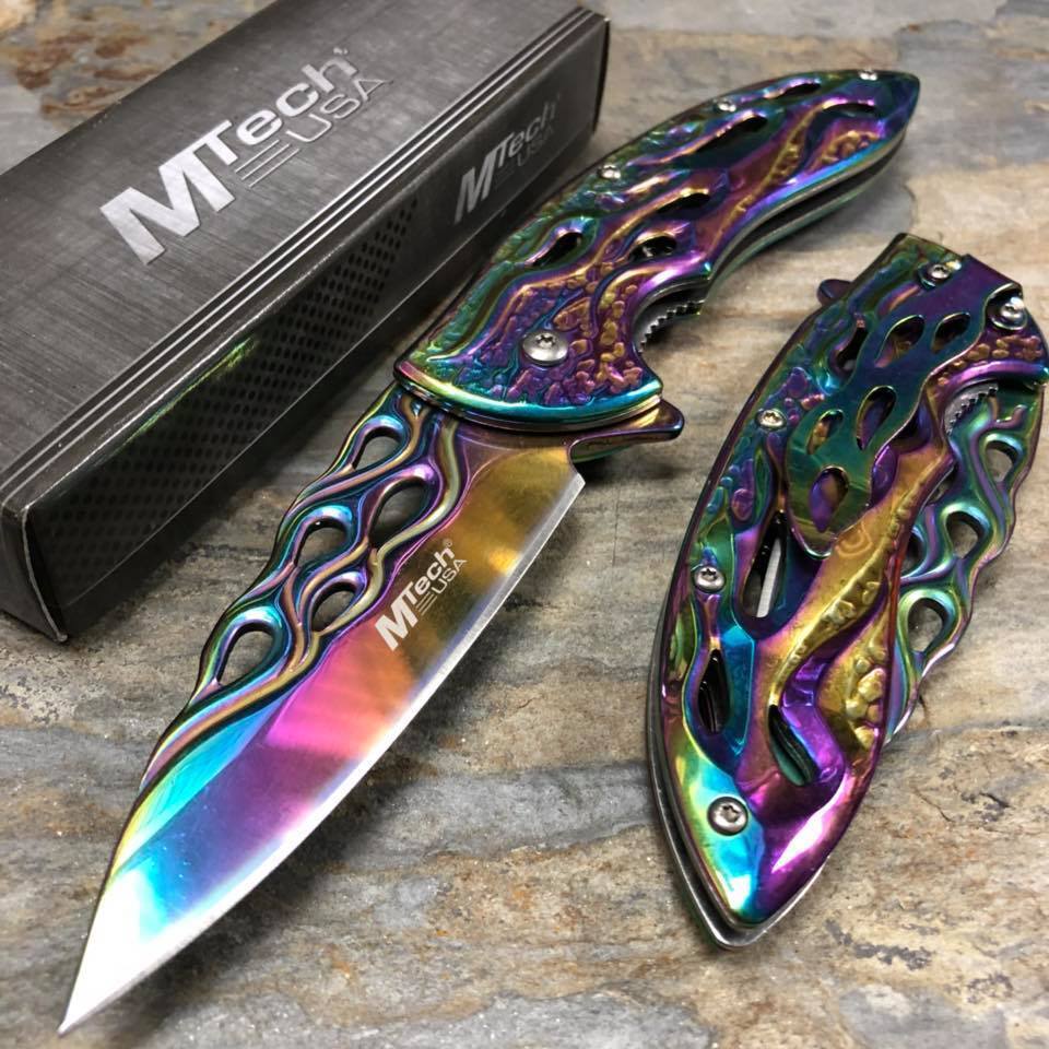 MTech  Assited Open All Rainbow Blade Flame Cut Collection Pocket Knife
