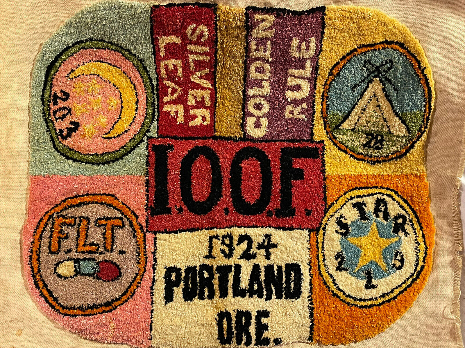 Antique Fraternal Odd Fellows Hooked Rug 1924 Portland hook folk art