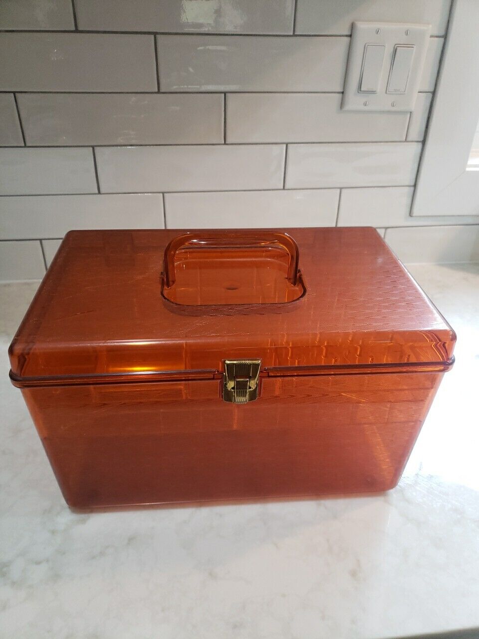 Vintage WIL-HOLD Wilson Plastic Amber Orange Sewing Box W/2 Trays