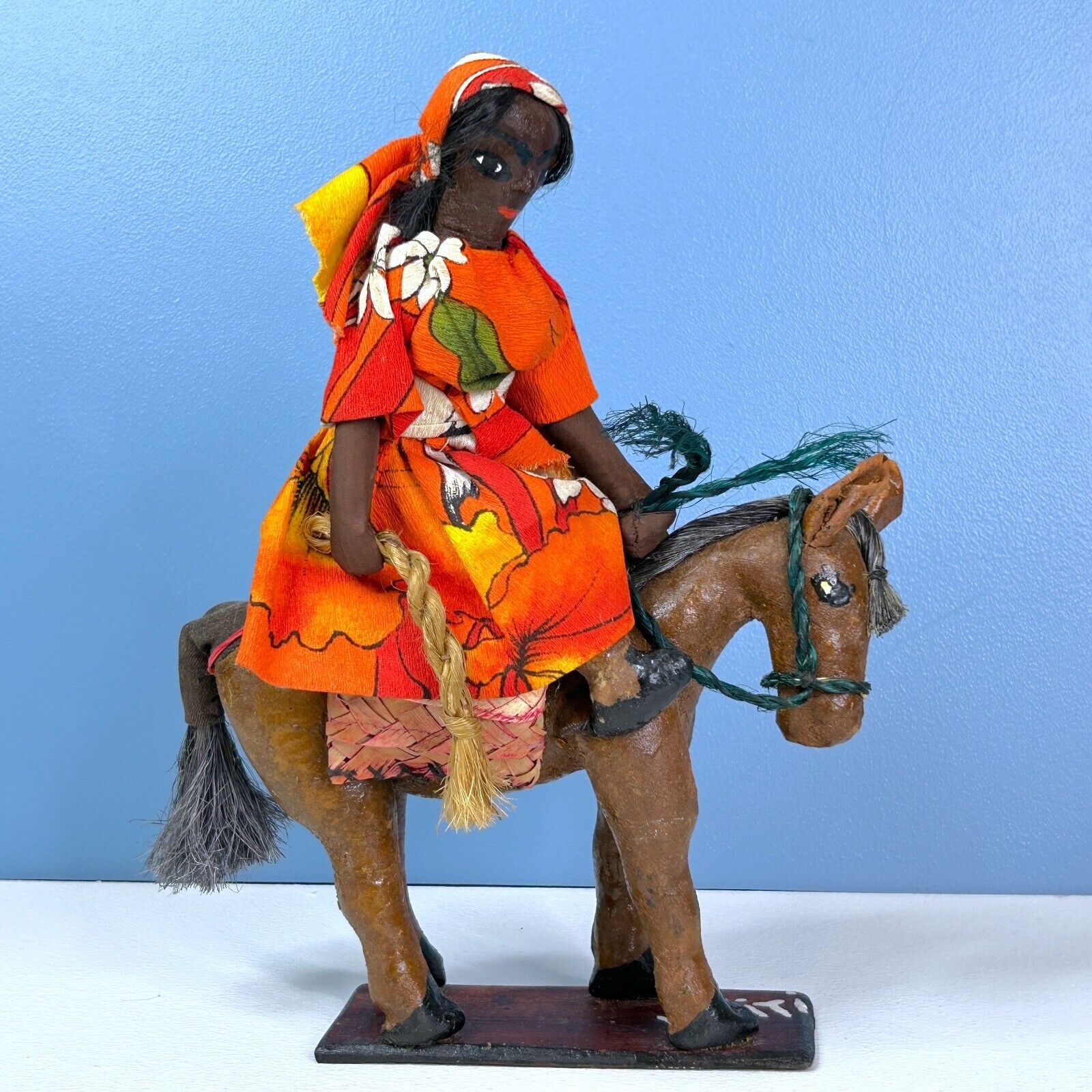 Beautifully Detailed Haitian Folk Art Woman On Horse Donkey Paper Mache Figure