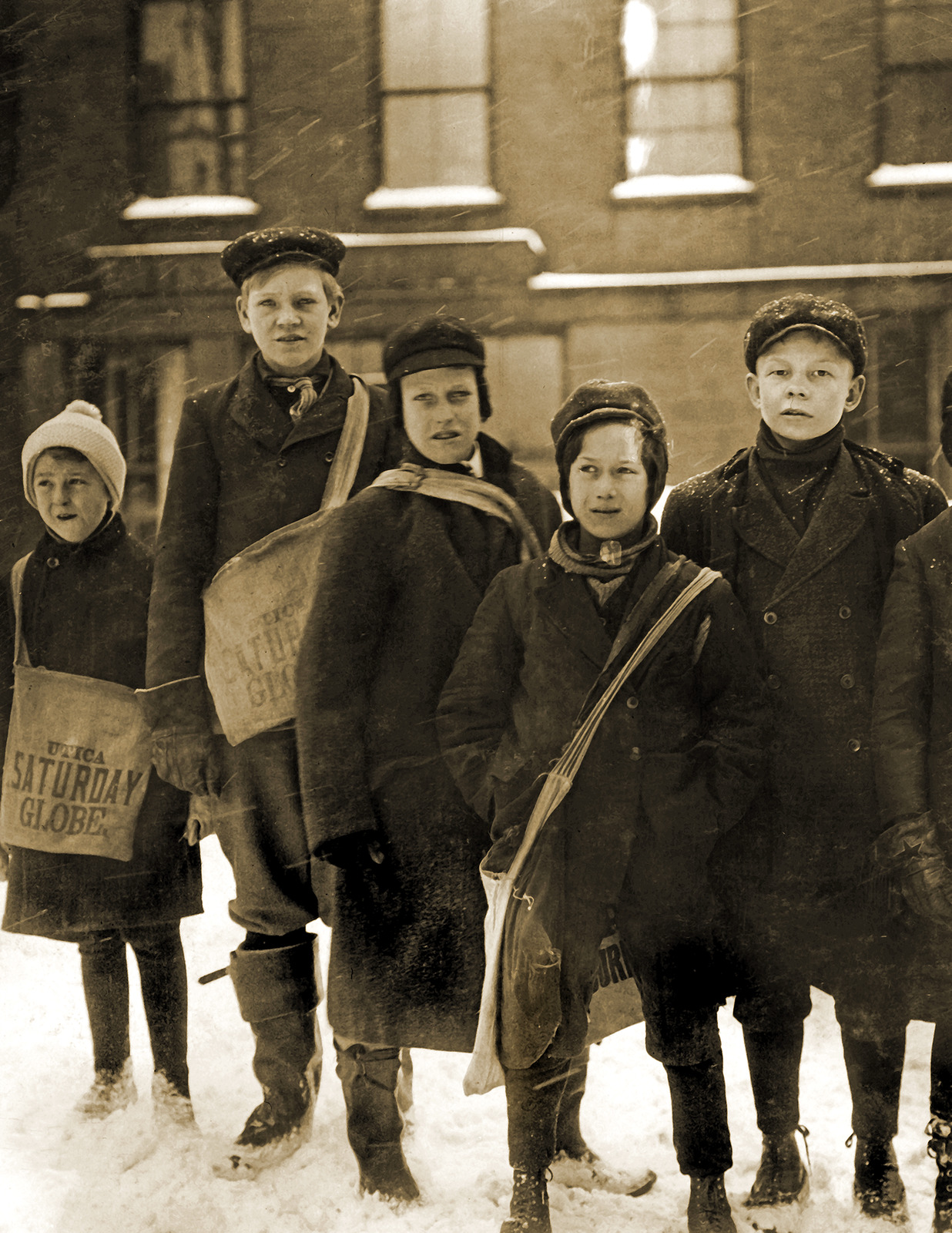 1910 Newsboys in the Snow, Utica, New York Old Vintage Photo 8.5\