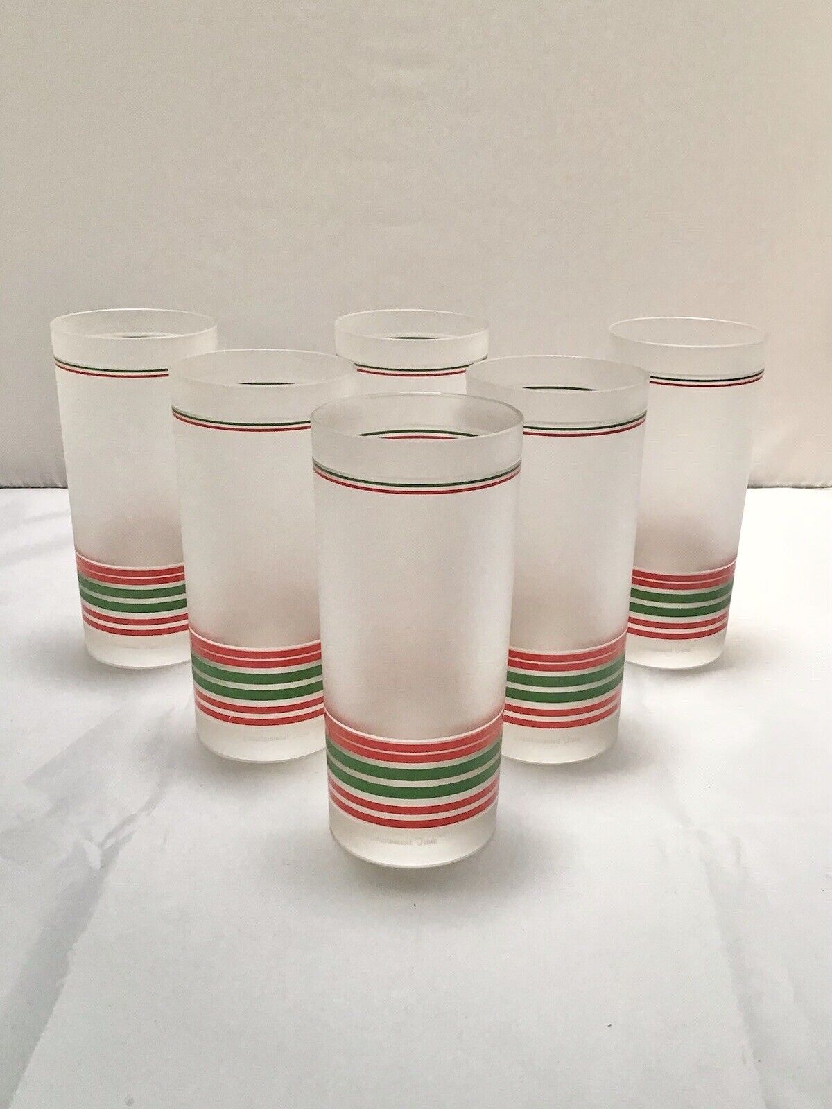 Vintage Frosted 6” Glasses Green/Red Striped MCM Retro Set Of 6 Glasses