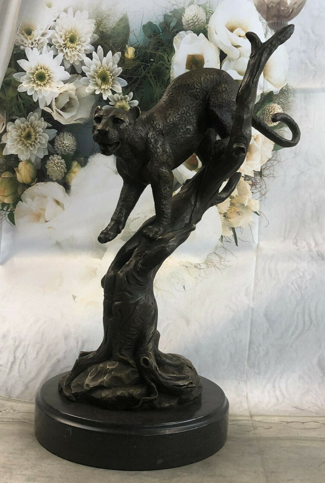 Signed Bugatti Male Lion Puma Jumping Bronze Sculpture Wild Life Statue Art DEAL