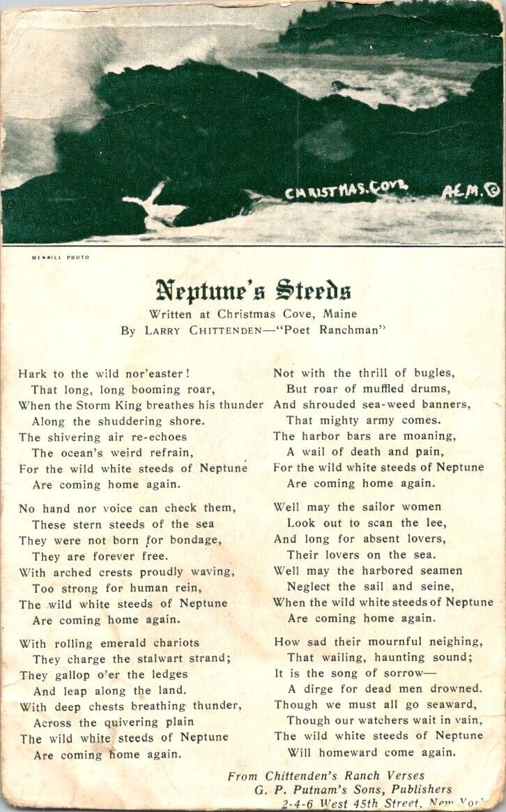 vintage postcard- Poem -Neptune's Steeds by LARRY CHITTENDEN Christmas cove 1910