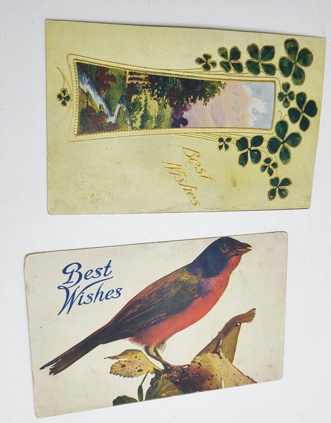 2 Vintage Unmailed Best Wishes Postcards Robin 4-Leaf Clover