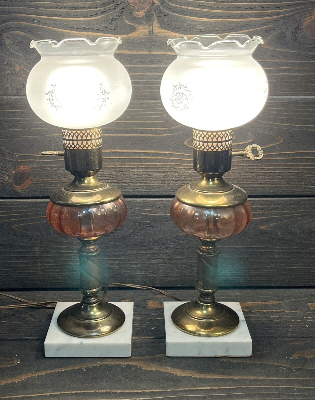 Pair Of Marble Base Pink Glass Center Brass Lamps W Ruffled Frosted Glass Shades