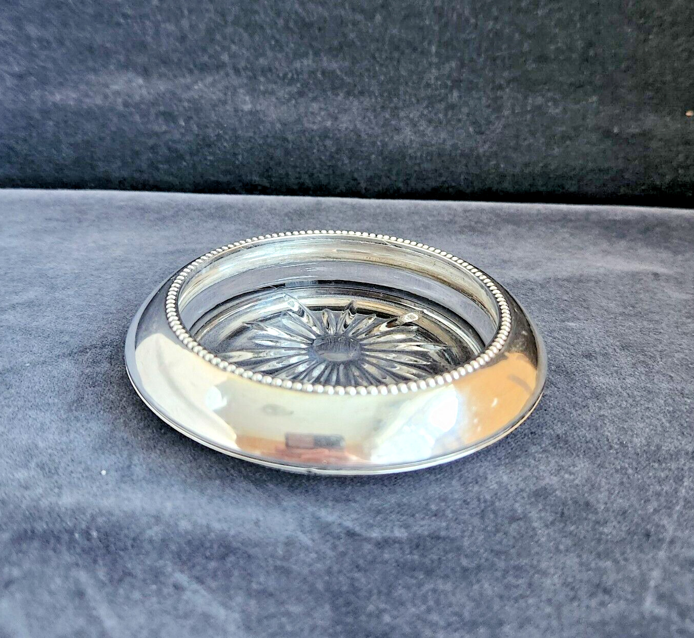 Vintage 4” Silver Plate Edge & Starburst Clear Glass Ashtray or Trinket Dish