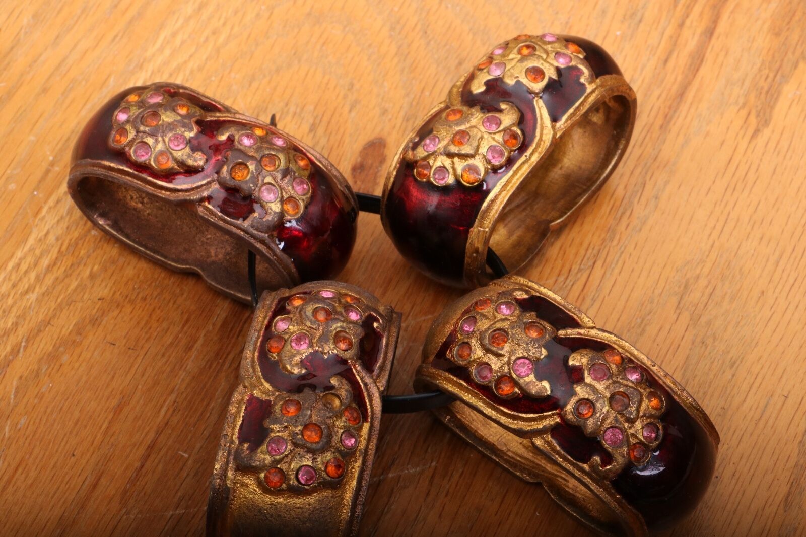 4 Vintage Brass Jewel Encrusted Bracelets or Rings Decorative