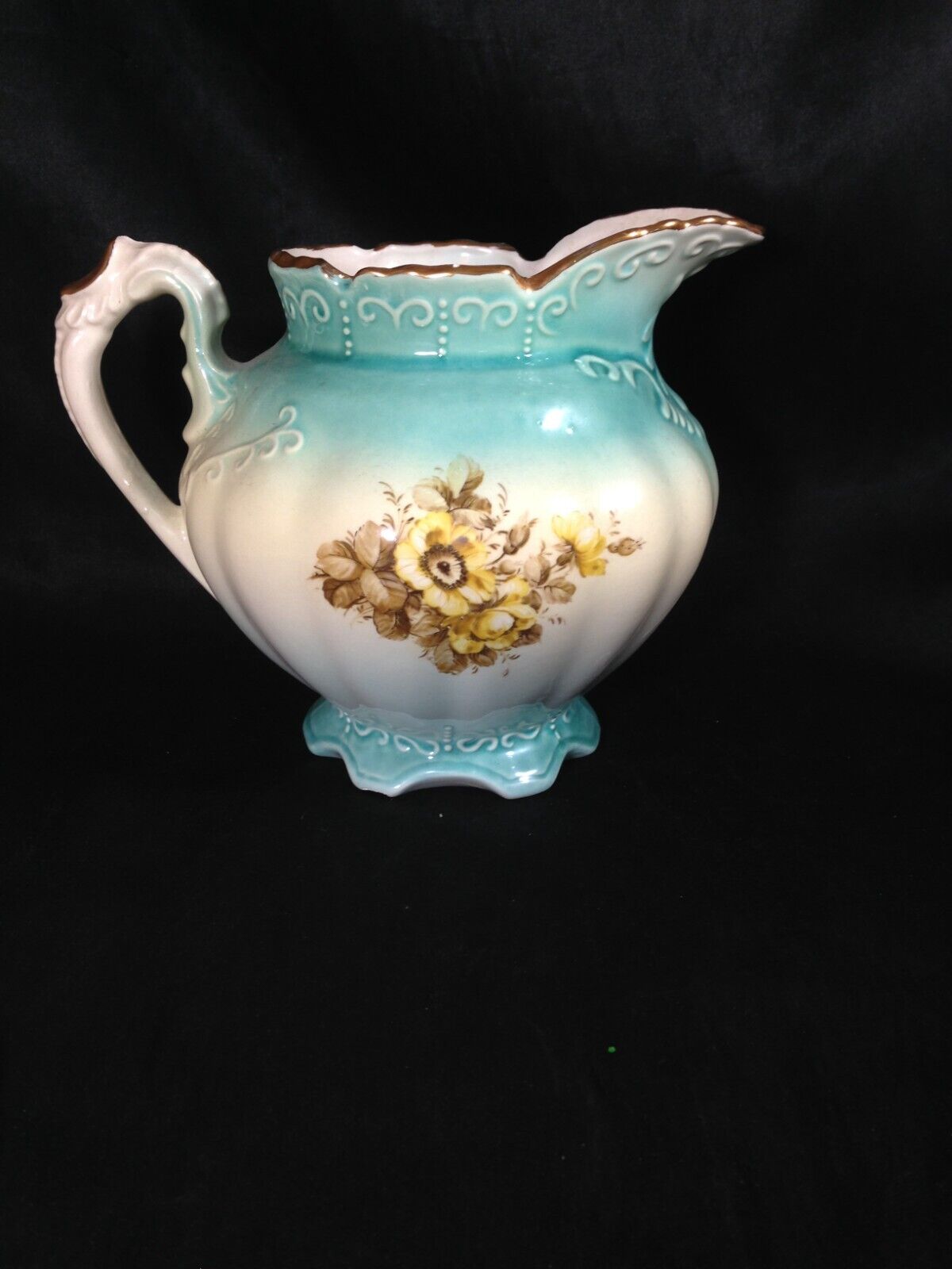 Vintage RS Prussia Reproduction Pitcher Blue Yellow Floral