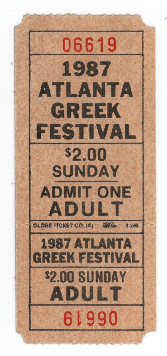 Vintage 1987 Atlanta Greek Festival Ticket Stub