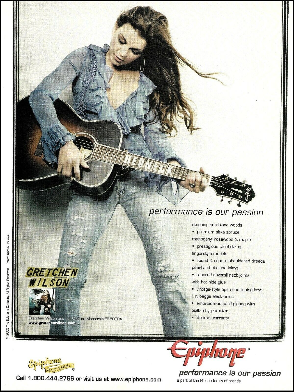 Gretchen Wilson 2005 Epiphone Custom Masterbilt EF-500 RA acoustic guitar ad