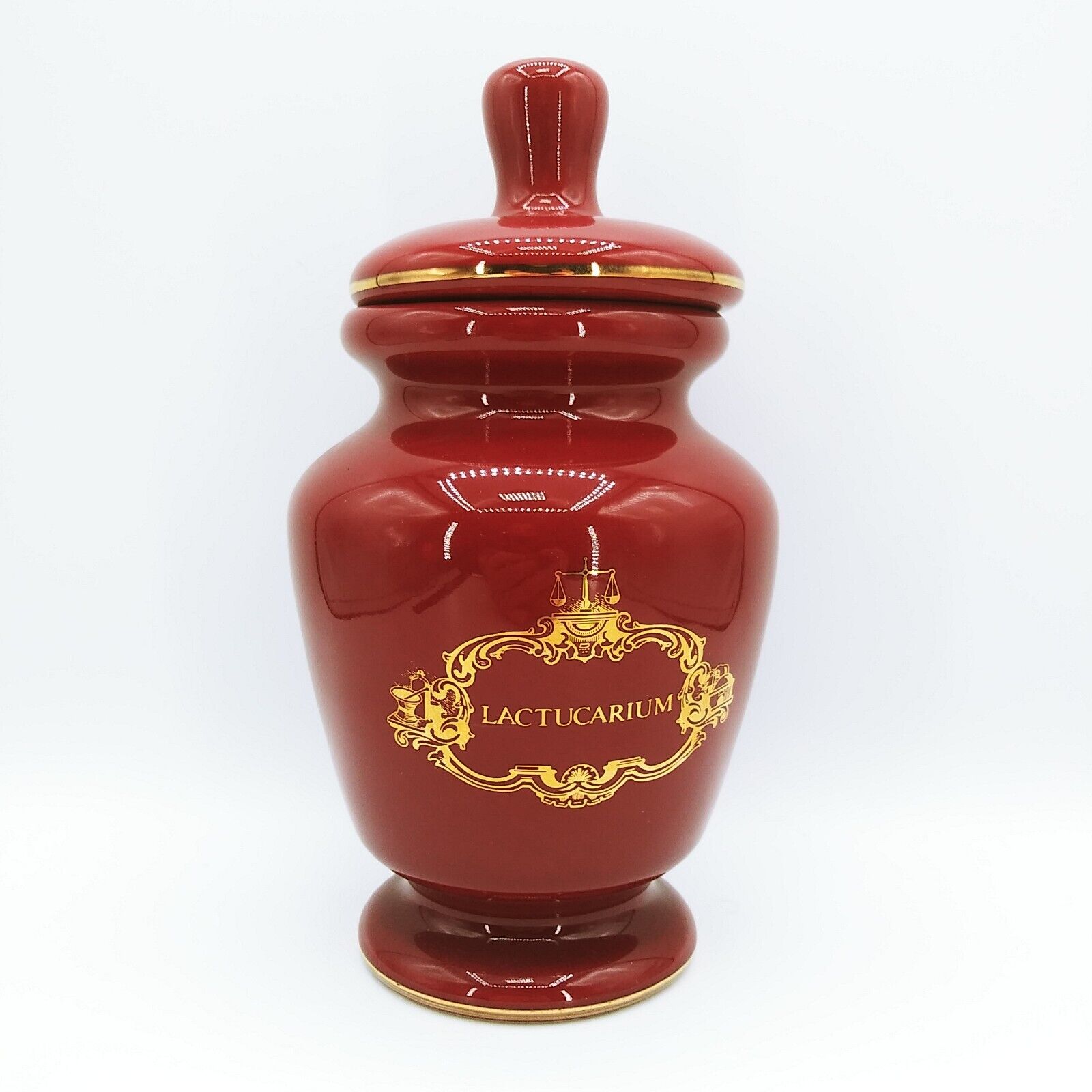 Vintage Eli Lilly Apothecary Pharmacy Lactucarium Burgundy and Gold 9” Jar & Lid