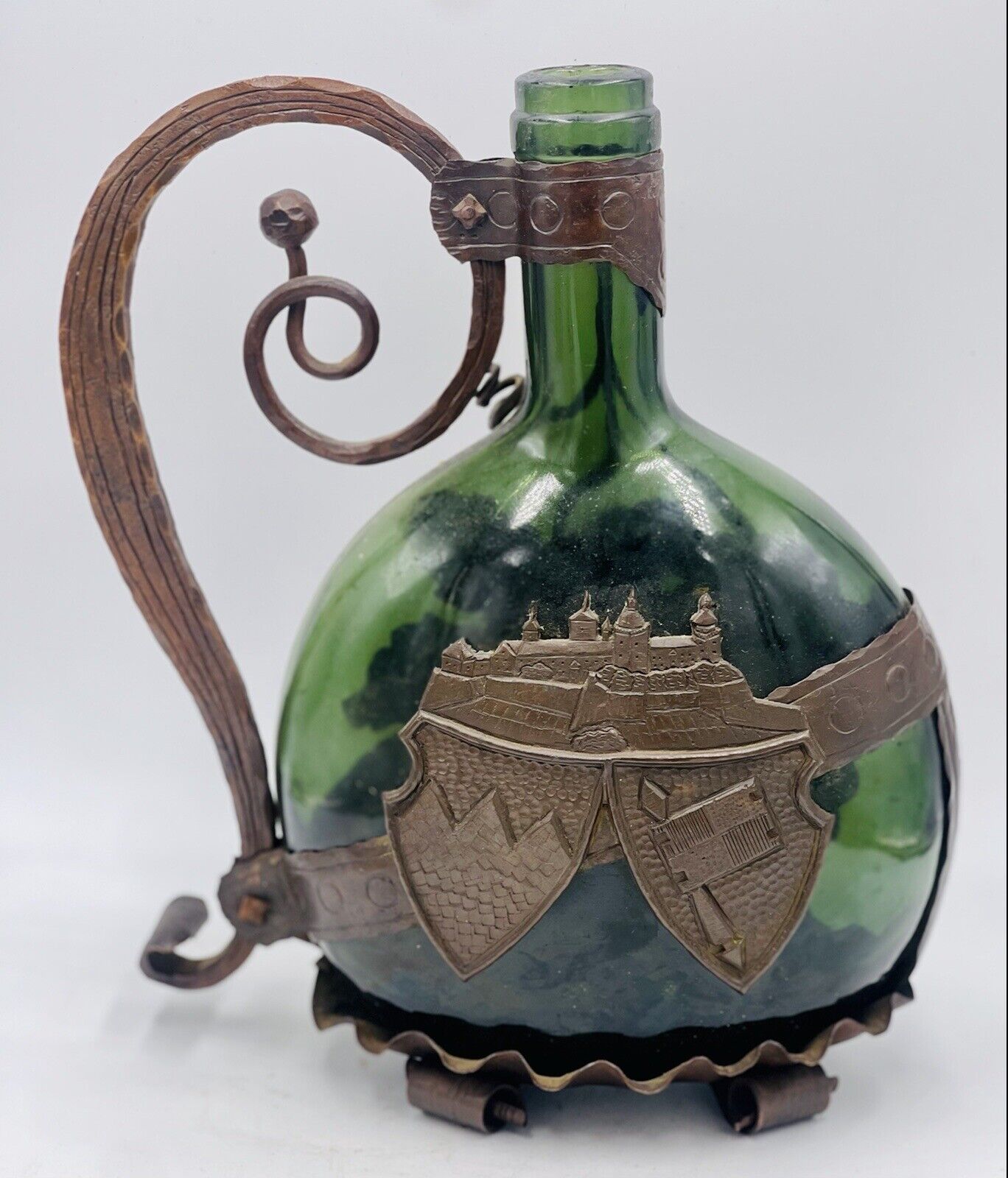 Antique Metal Encased Green Glass Wine Bottle Iron Handle, Ornate Design Vintage