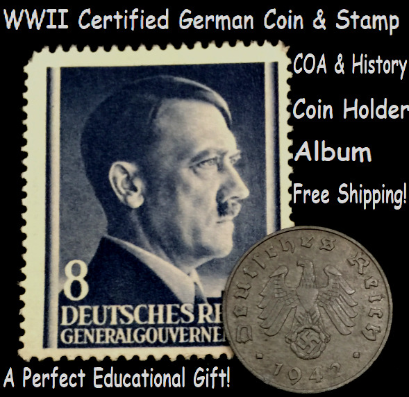 Rare WWII German 1 Rp Coin & Mint Stamp CERTIFIED, Mini Album,Holder, COA Incl