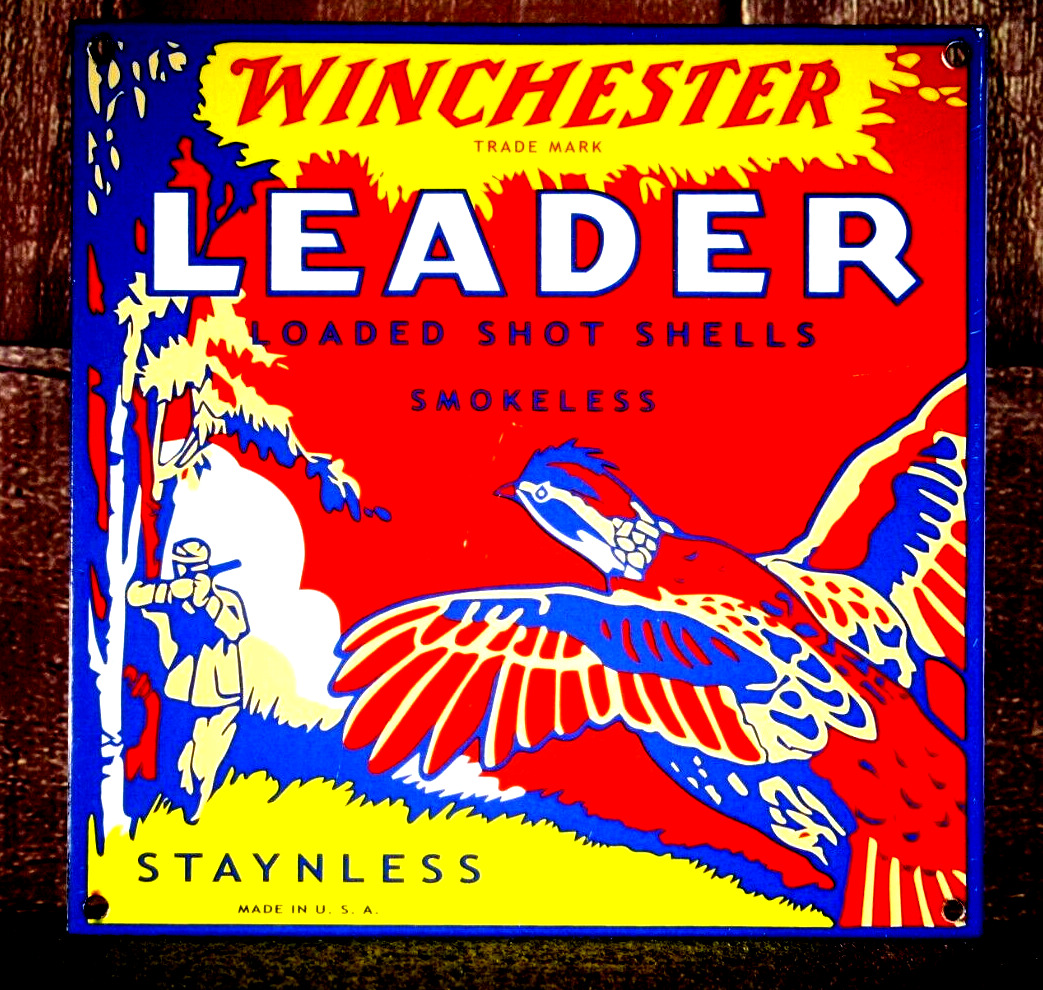 WINCHESTER LEADER  -  SHOT SHELLS    PORCELAIN COLLECTIBLE, RUSTIC, ADVERTISING