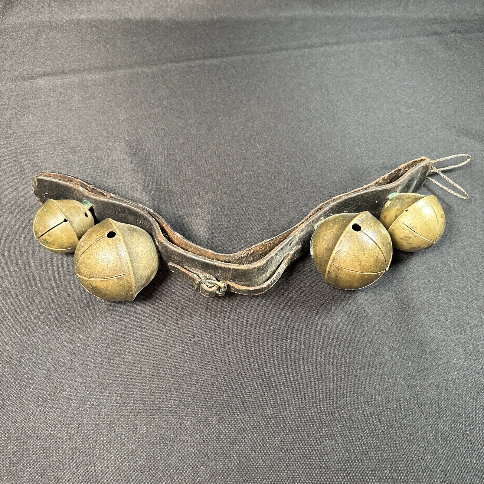 Antique 4 Brass Animal Sleigh Bells w/Leather Strap Hanger 18.5” Long Christmas
