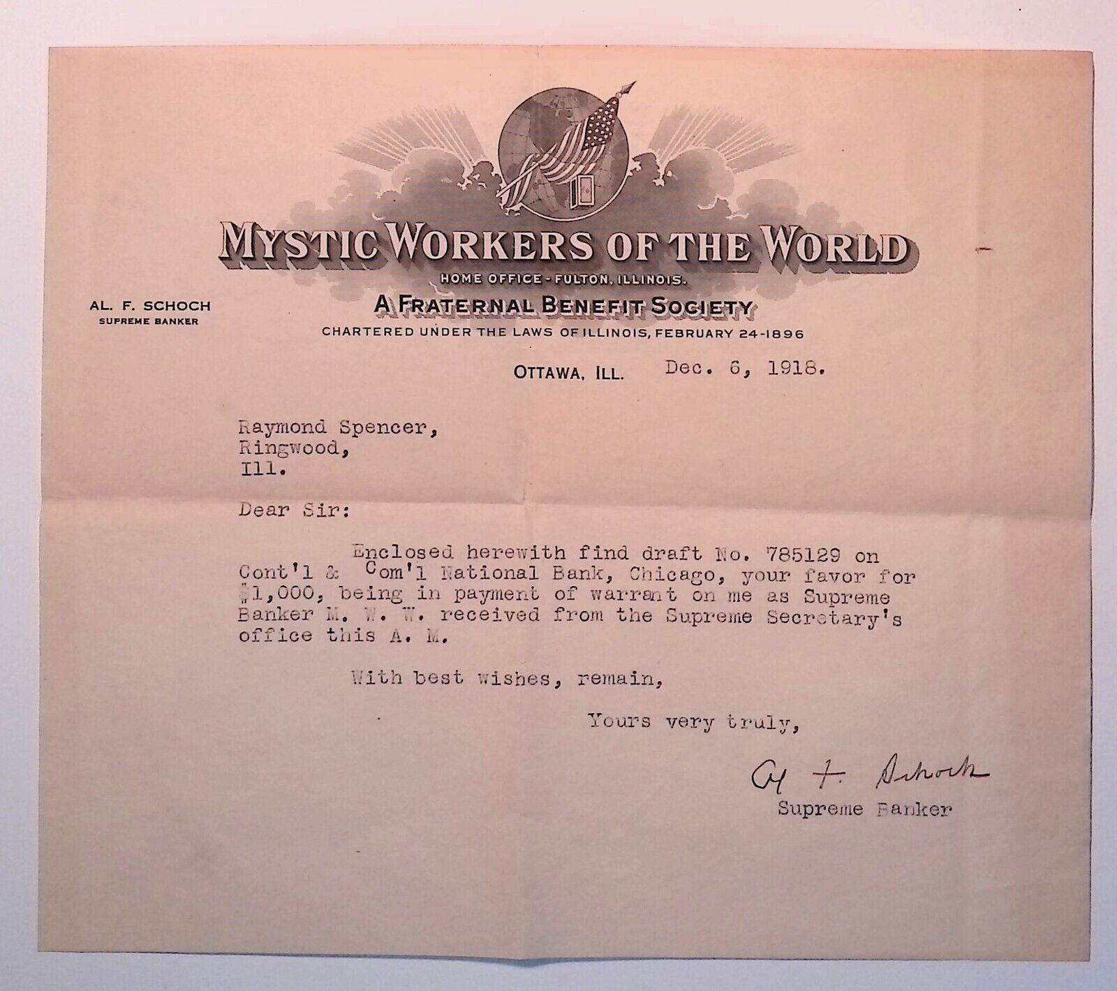 1918 Letter Mystic Workers of the World, Ottawa Illinois A Schoch Supreme Banker