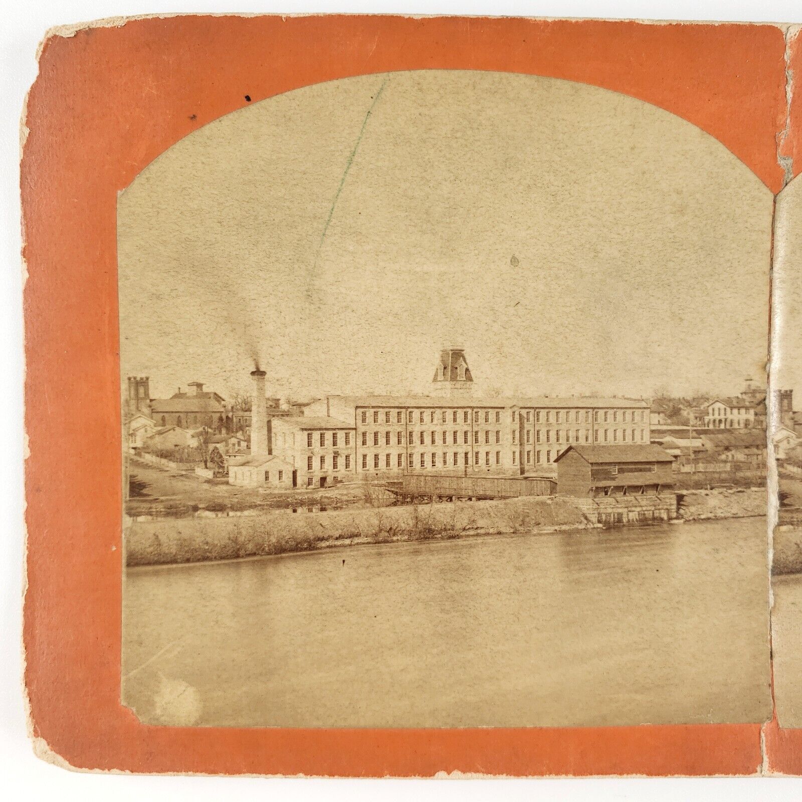 Unknown Mystery Mill Factory Stereoview c1870 Smoke Stack River Photo Card A2200