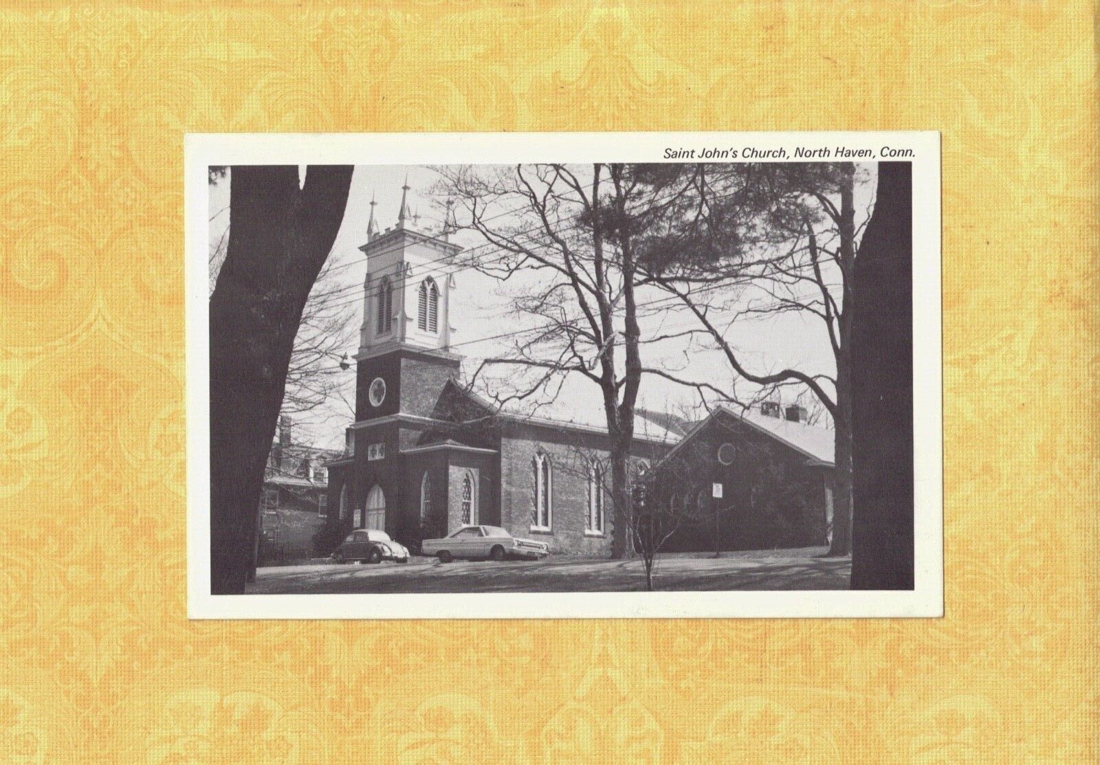 CT North Haven 1960-70s era postcard SAINT JOHNS CHURCH & OLD CARS CONN