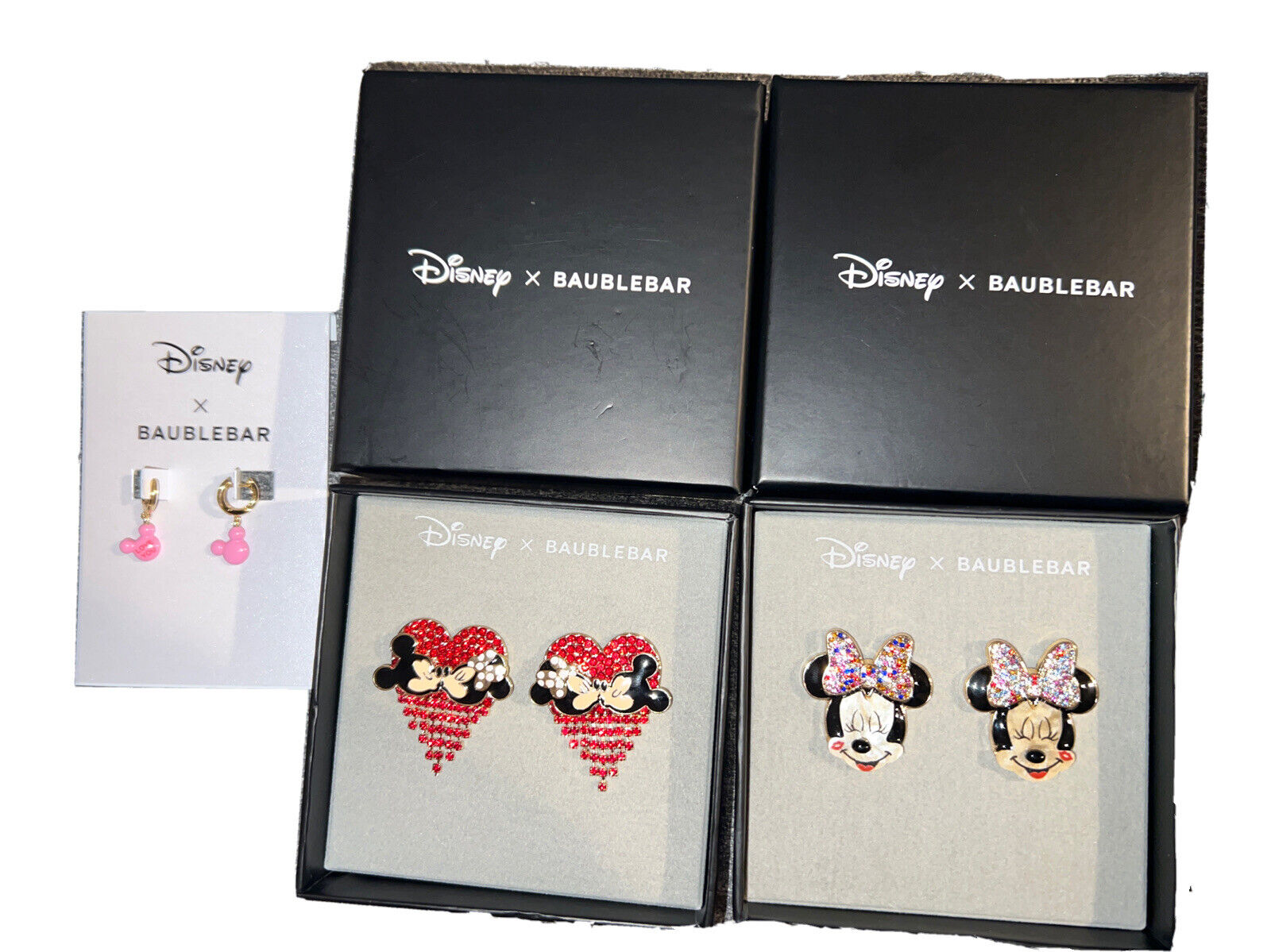 Lot 3x Set Pair New Disney Baublebar Earrings Minnie Mouse Jewelry Pink Kiss Bow