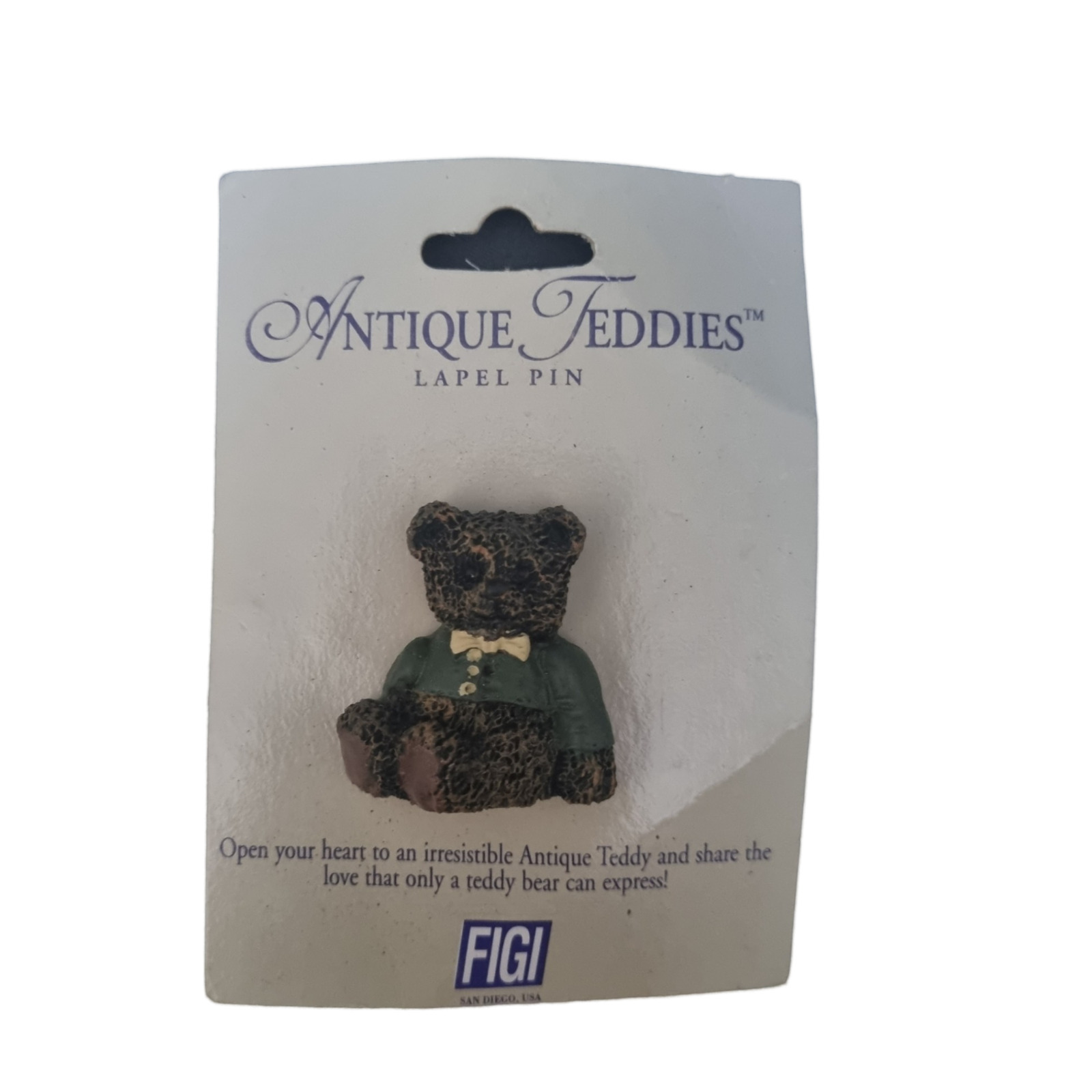Antique Teddies Ceramic Lapel Pin Bear With Green Shirt 1996 Figi