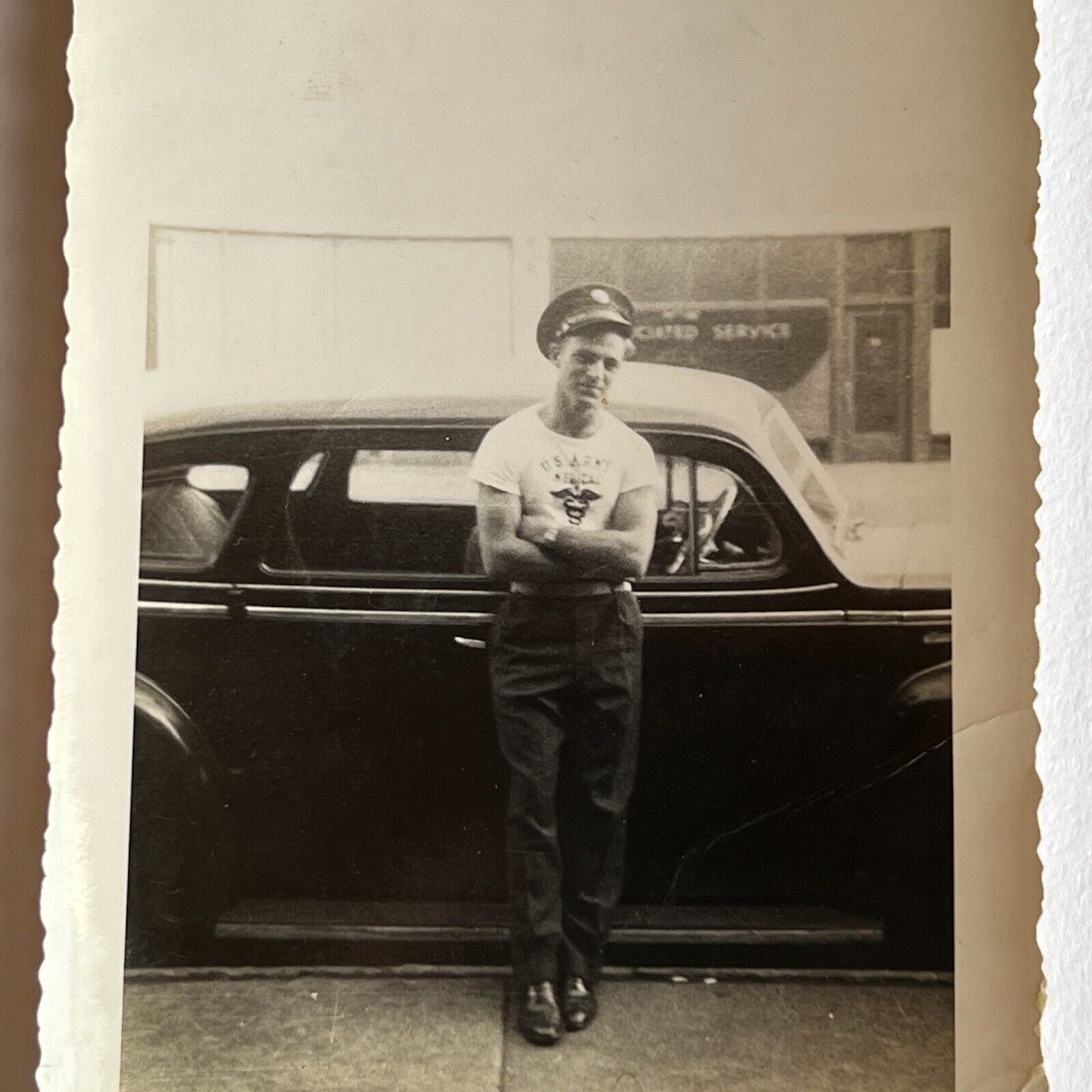 Vintage Snapshot Photograph Handsome Young Man Waiting By Car US Army Medical