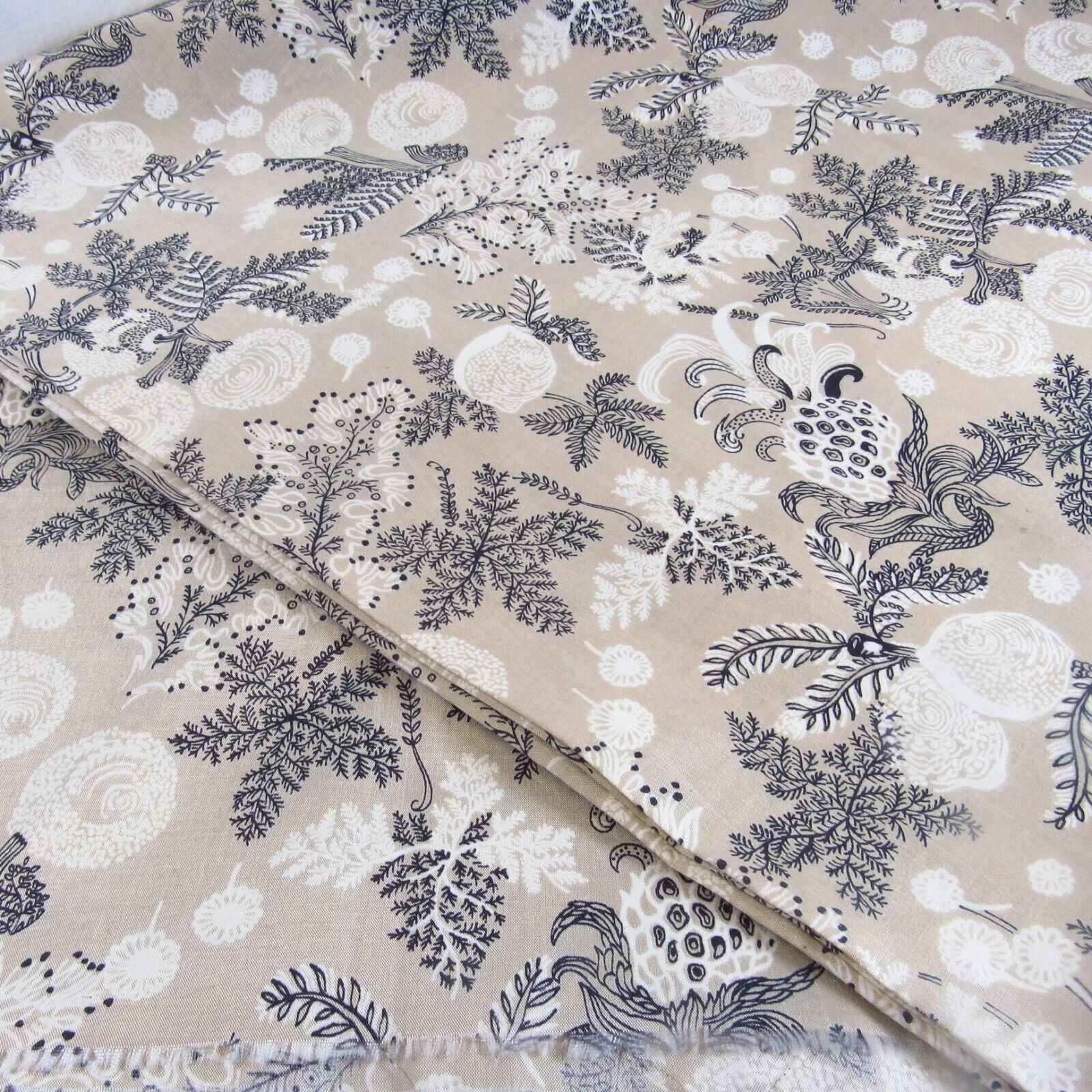 VTG Mallinson Silk Asian Floral Print Fabric 6 yds Beige White Black 43\