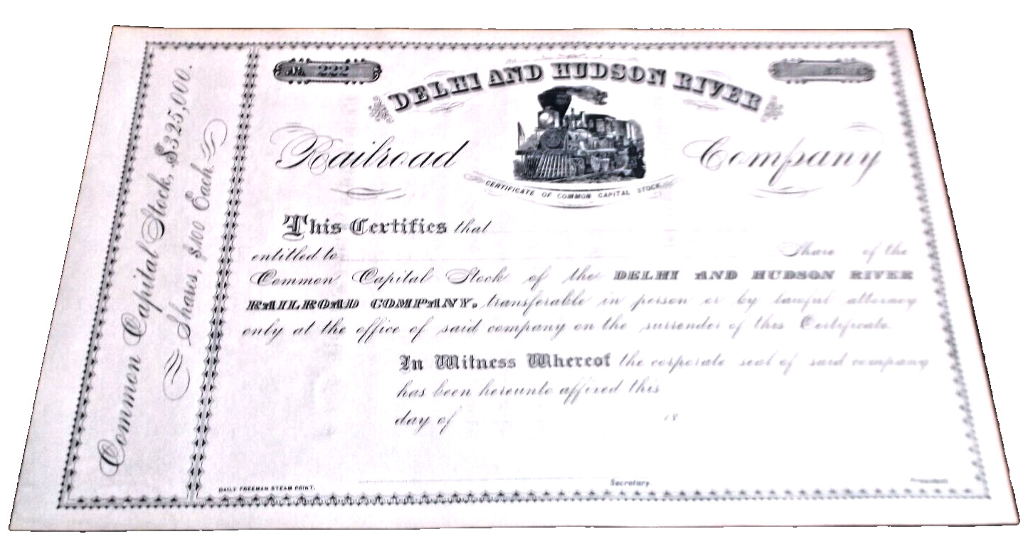 1870\'s DELHI & HUDSON RIVER RAILROAD UNISSUED CAPITAL STOCK CERTIFICATE