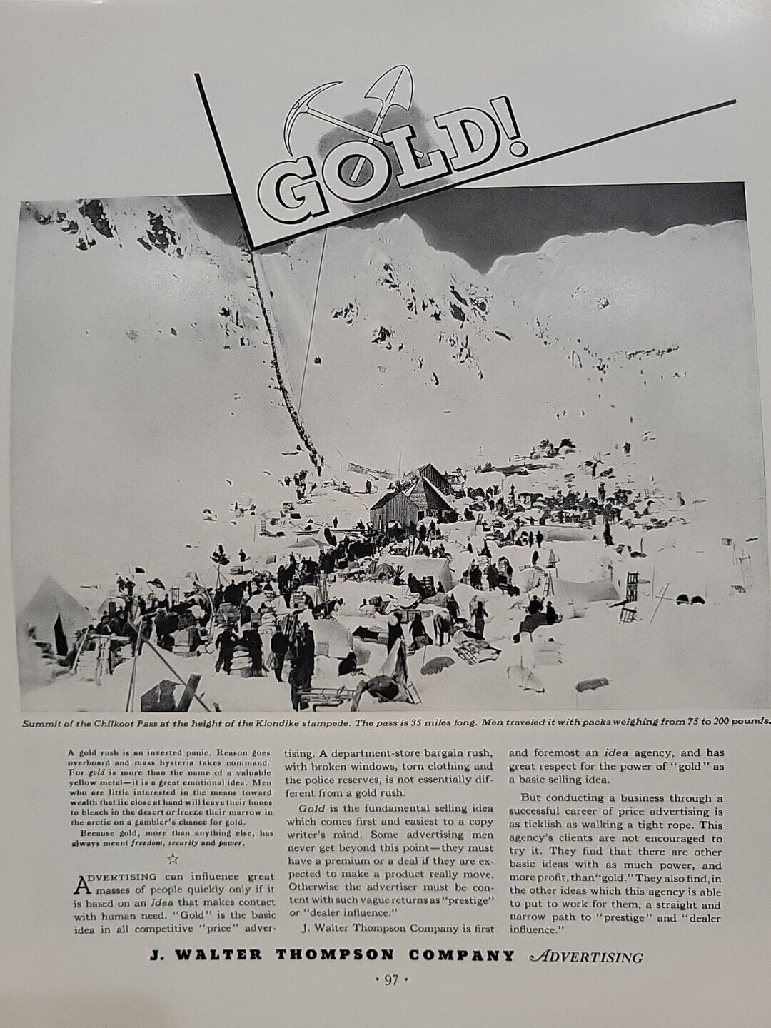 1935 J. Walter Thompson Co. Fortune Magazine Print Advertising Yukon Gold Miners