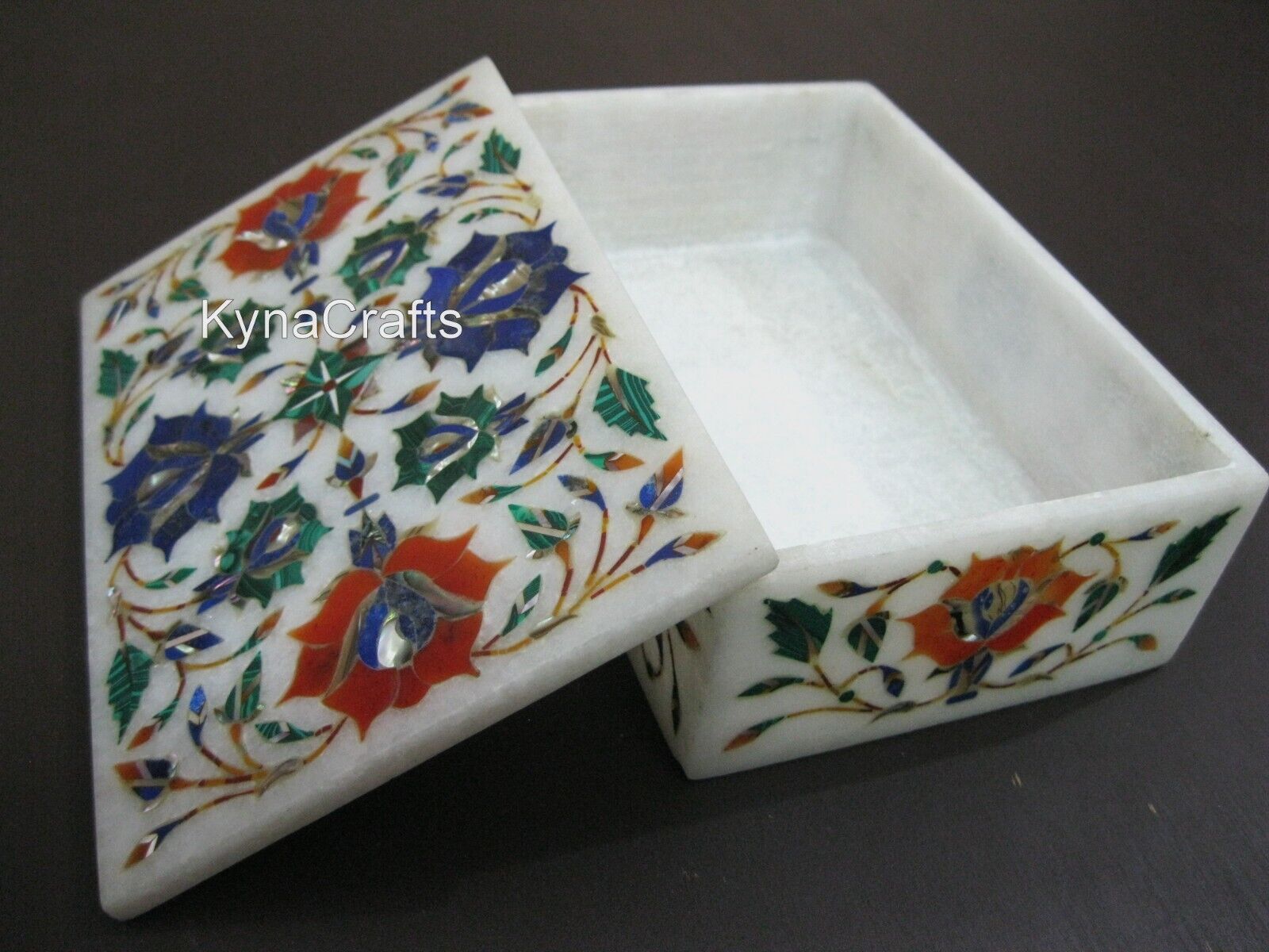 6 x 4 Inches Gemstone Inlay Work Jewelry Box White Marble Office Accessories Box
